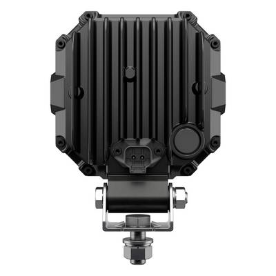 Un appareil électronique noir rectangulaire avec un boîtier texturé, monté sur un support métallique. Vue de face.