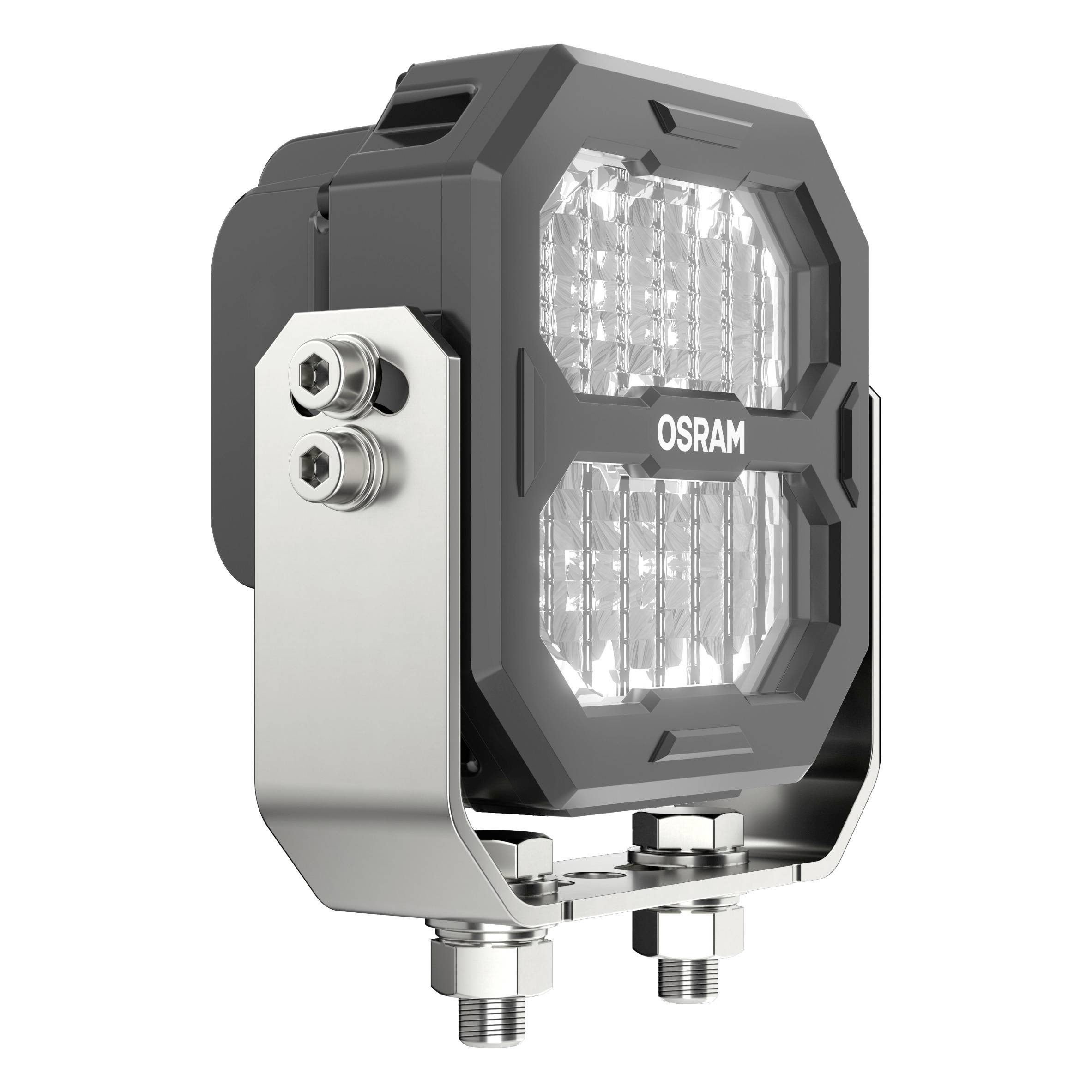 Un projecteur de travail LED rectangulaire avec un boîtier robuste et l'inscription 'OSRAM'. Monté sur un système de support métallique.