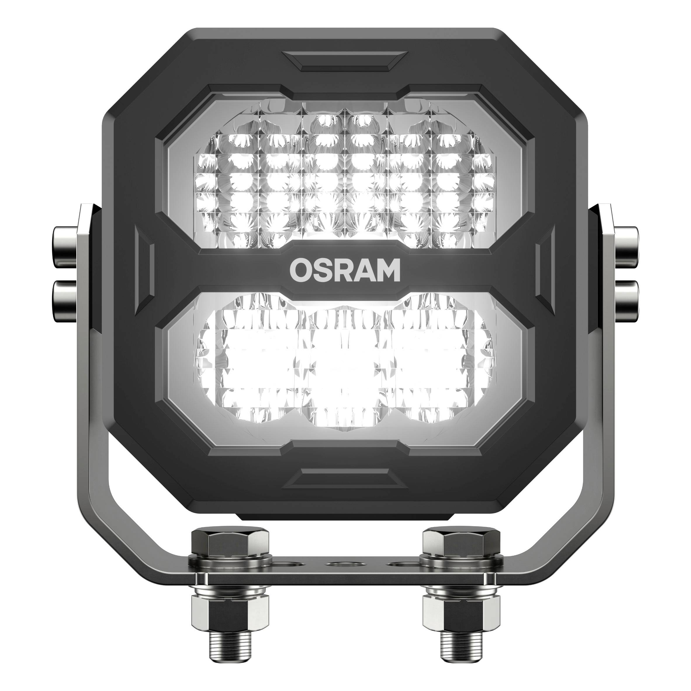 Projecteur de travail LED carré OSRAM avec boîtier en plastique transparent et vis de montage visibles en bas.