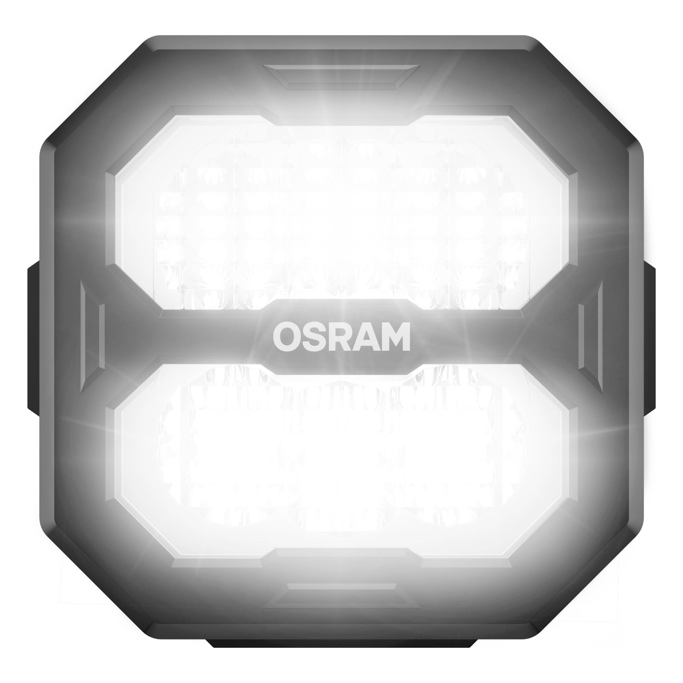 'OSRAM LED-Lumière pour véhicules, montre une vue frontale rectangulaire avec des LED illuminées à l'intérieur, soulignant la luminosité et le design.'