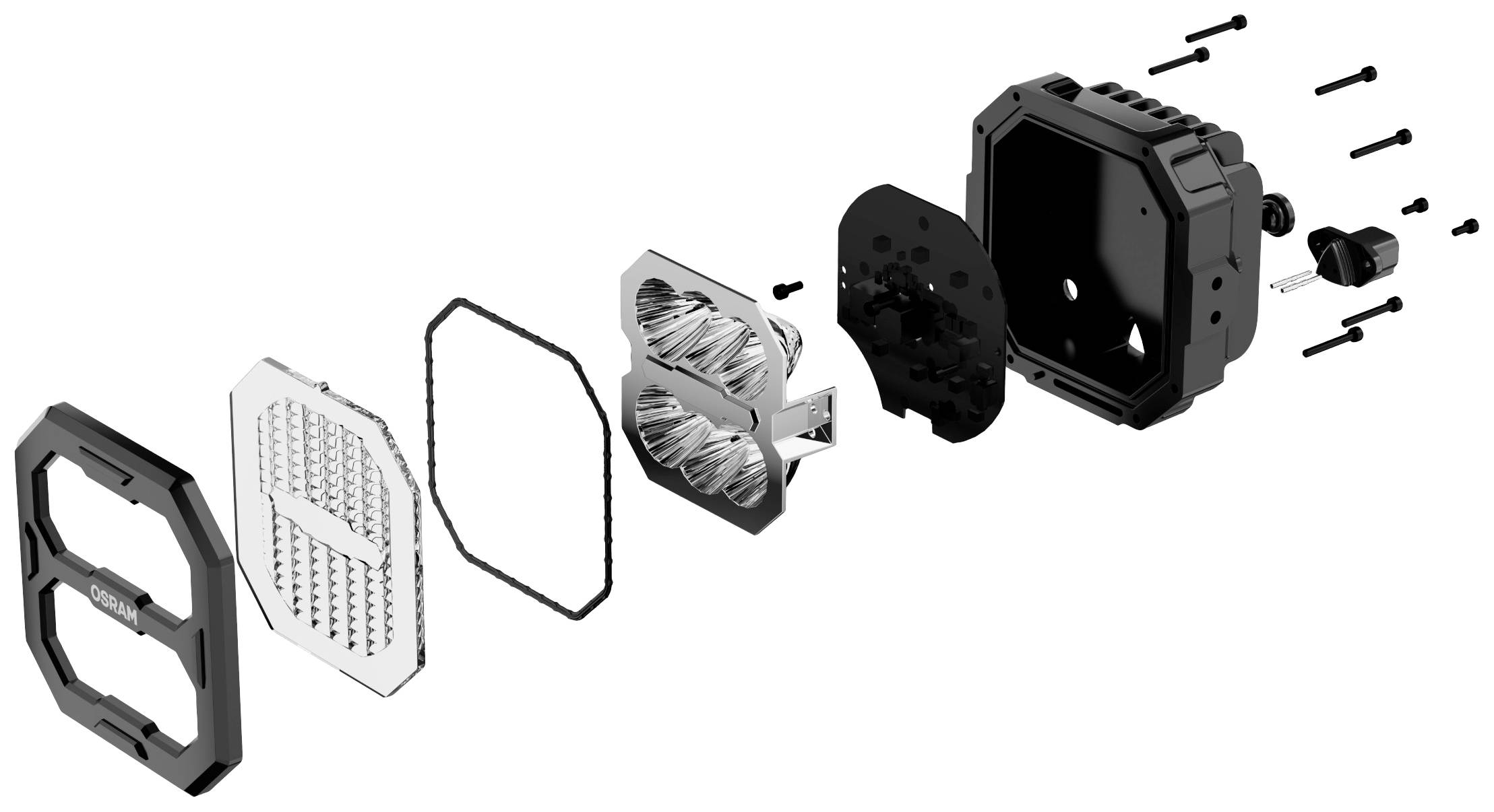 Écorché d'un dispositif technique montrant ses différents composants, notamment des vis, un boîtier et des pièces internes disposés dans leur ordre de montage.