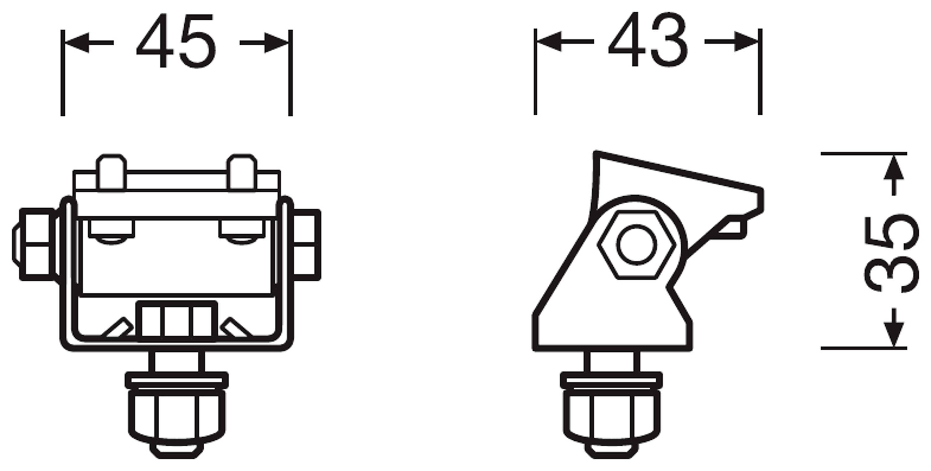 Dessin technique de deux composants avec dimensions : à gauche 45 mm de large, à droite 43 mm de large, tous deux hauts de 35 mm.