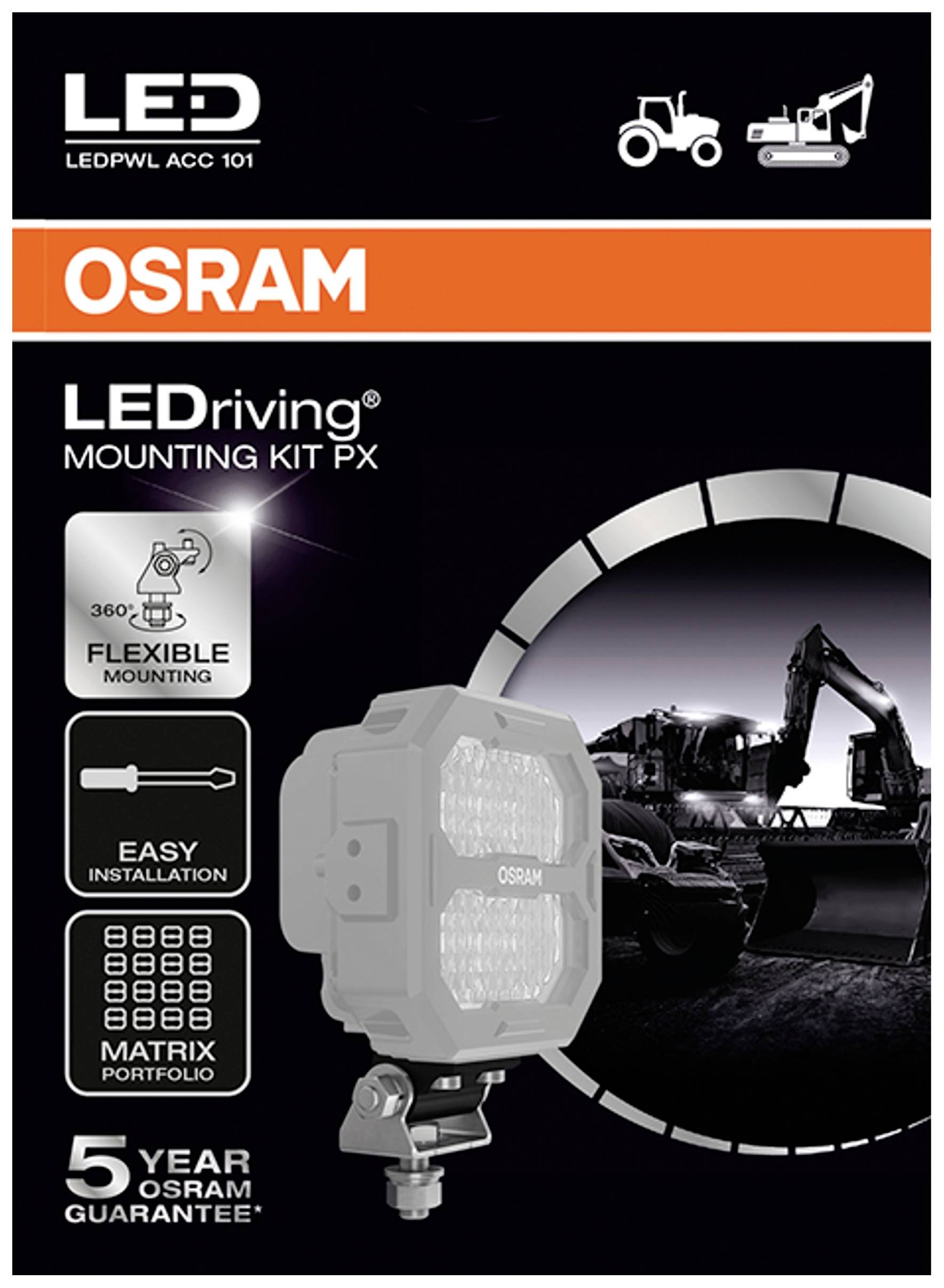 Kit d'éclairage LED d'OSRAM, adapté aux équipements de construction. Comprend un système de montage flexible, une installation facile et une garantie de 5 ans.