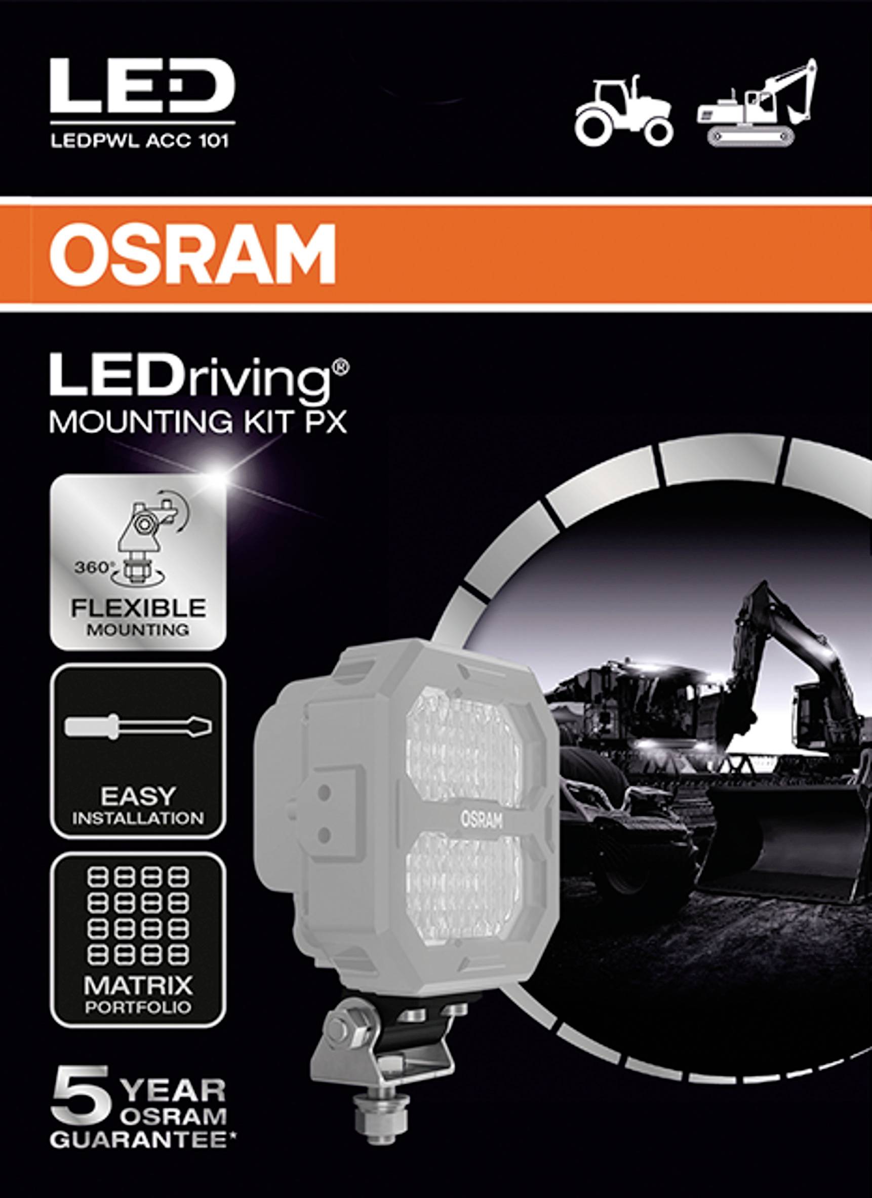 Emballage du 'Kit de Montage OSRAM LEDriving PX'. Image d'un projecteur devant la silhouette d'un excavatrice. Indications sur le montage flexible et l'installation facile. Garantie de cinq ans.