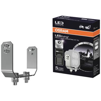 Support métallique avec des vis à gauche, emballage à droite avec design de lumière LED, symboles de tracteurs et de pelles, et logo OSRAM.
