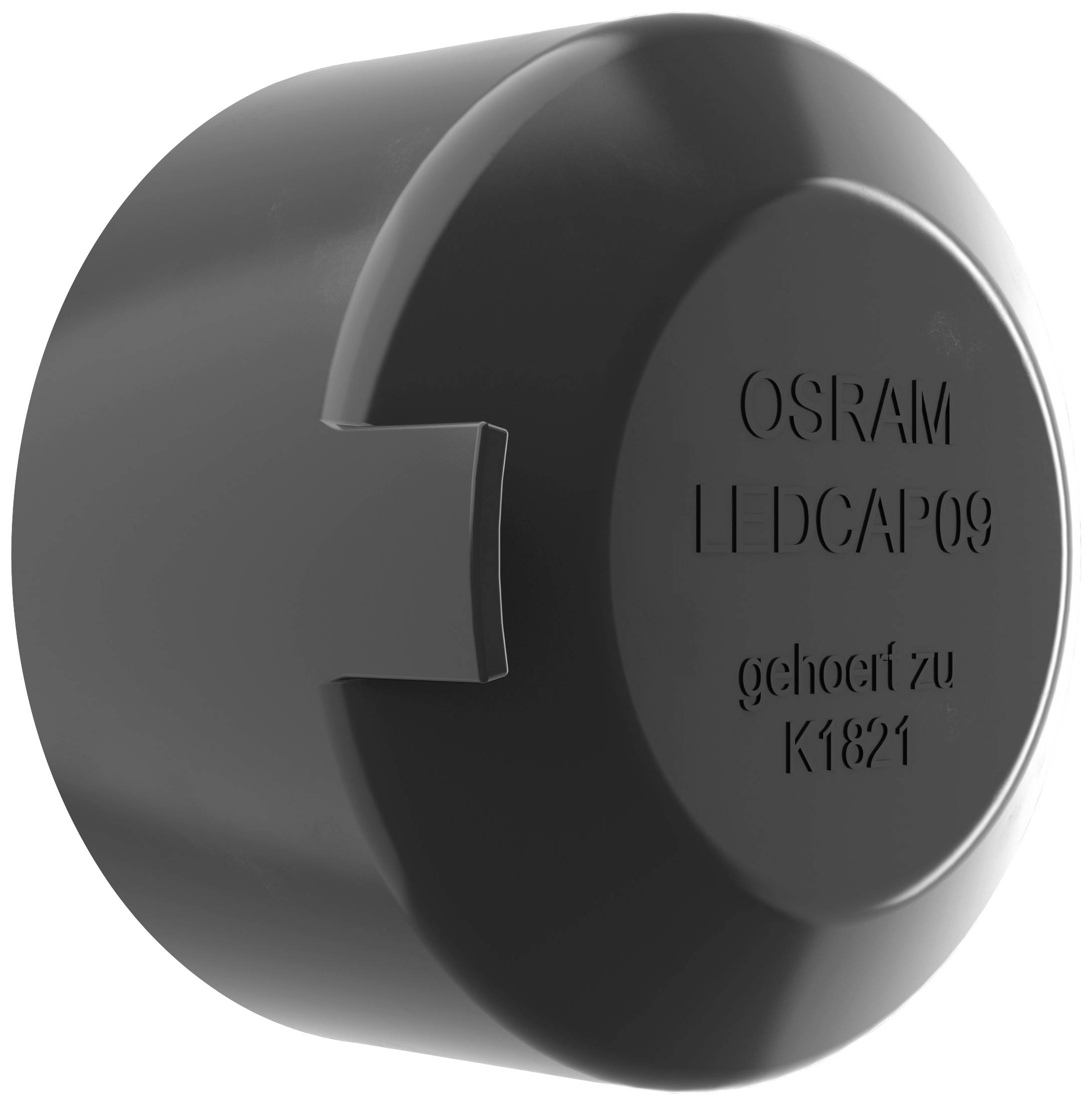 Adaptateur LED rond et sombre portant l'inscription 'OSRAM LEDCAP 09 appartient à K1821'. Principalement utilisé pour les systèmes d'éclairage.
