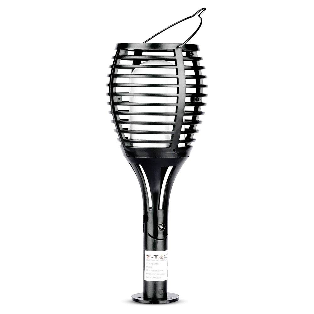 Une torche de jardin noire pour extérieur, dotée d'un design à lamelles, montée sur un support et conçue pour l'éclairage des espaces extérieurs.
