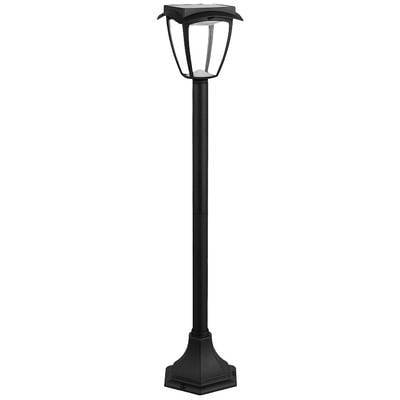 Une lanterne haute, noire, au design moderne et épuré, adaptée à l'éclairage des trottoirs ou des jardins.