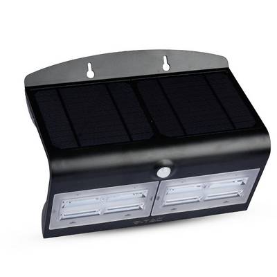 Un lampadaire solaire noir avec deux surfaces lumineuses LED et un détecteur de mouvement, adapté à une installation murale extérieure.