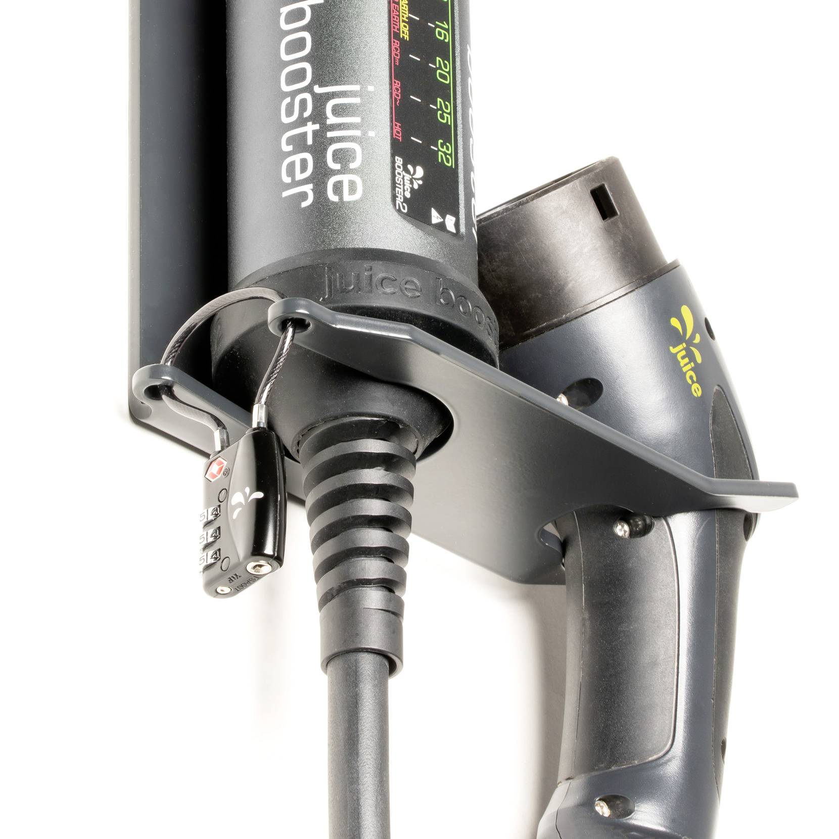 Station de recharge pour véhicules électriques avec câble noir et fiche grise, marquée 'Juice booster' en lettres blanches.