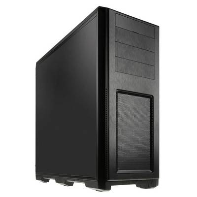 Un boîtier d'ordinateur noir en forme de tour avec une grille de ventilation à l'avant.