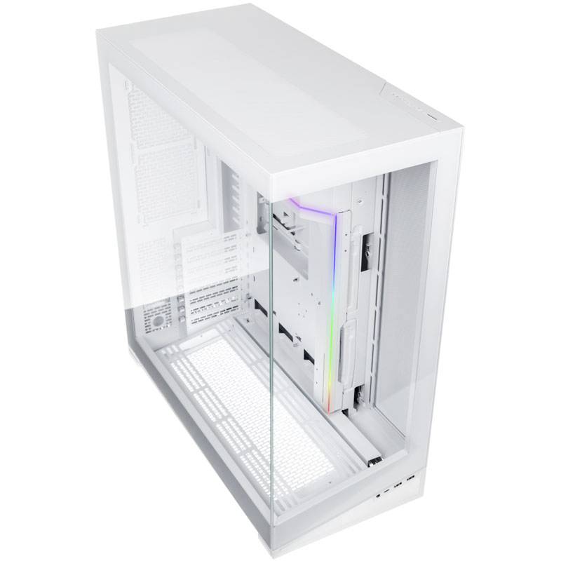 Boîtier PC blanc avec panneau latéral transparent et éclairage RVB, adapté pour le gaming haut de gamme ou les applications créatives.