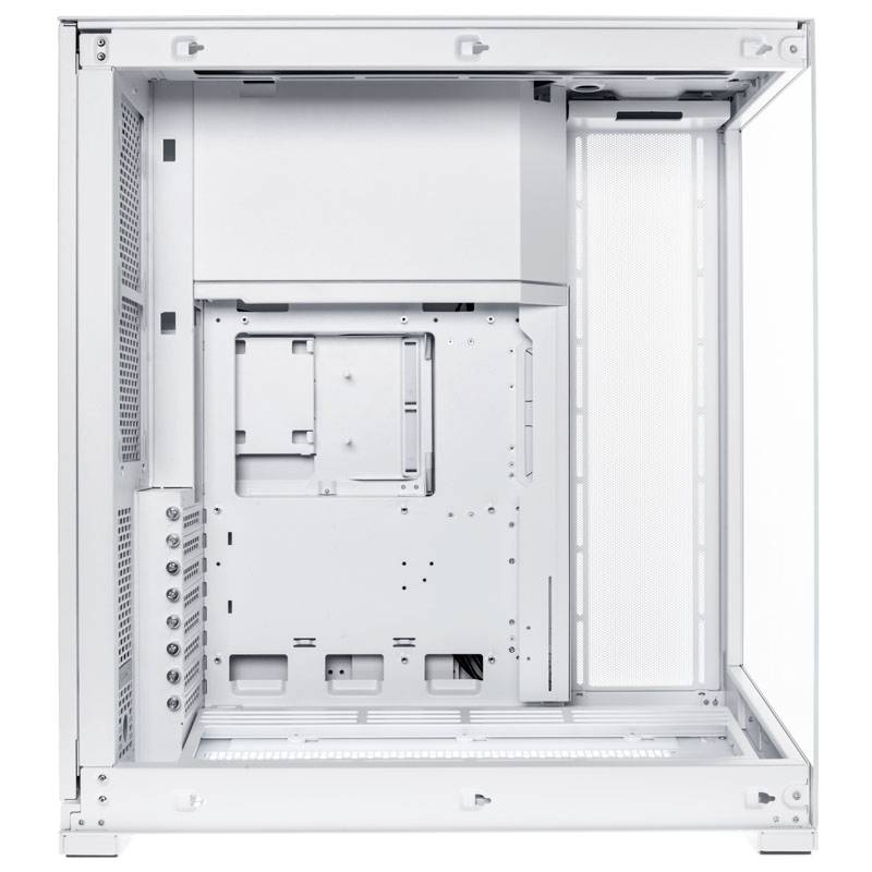 Boîtier d'ordinateur blanc vide avec fenêtre en verre, montrant l'espace intérieur pour les composants matériels sans pièces installées.
