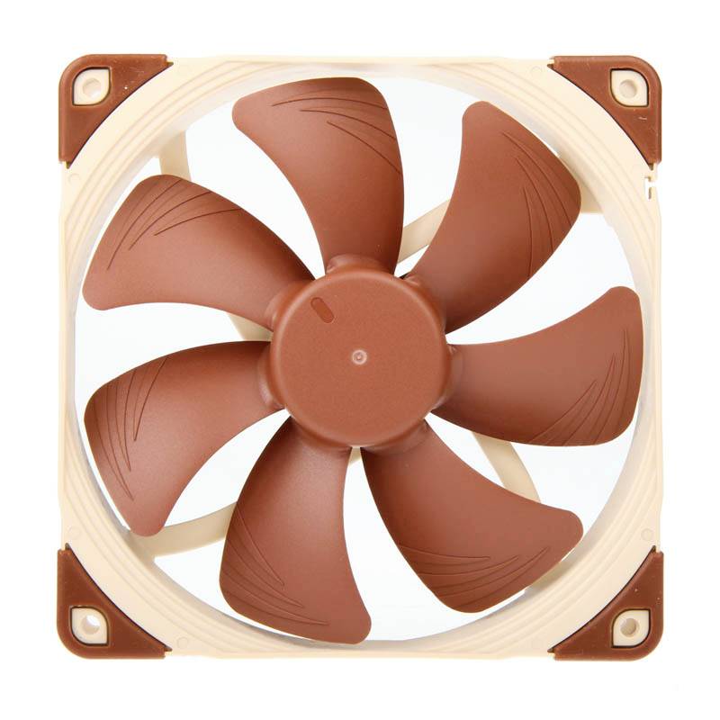 Un ventilateur d'ordinateur marron avec six pales de rotor dans un cadre carré, utilisé pour refroidir du matériel informatique.