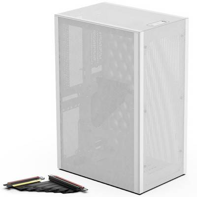 Un boîtier PC blanc avec des côtés perforés pour la ventilation est disposé verticalement. À côté se trouvent deux composants informatiques.