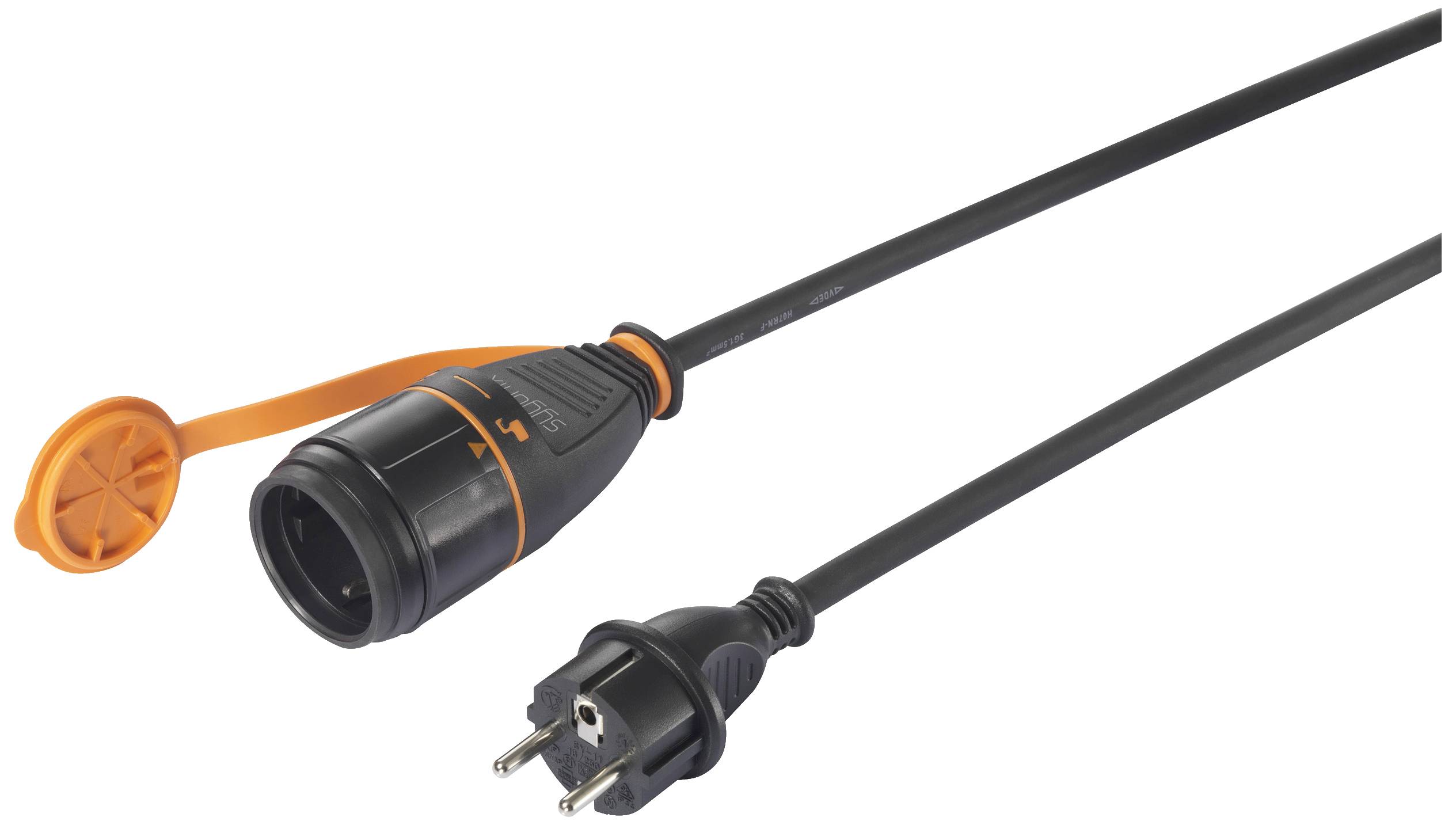 Un câble de rallonge noir avec un couvercle orange. À gauche, la prise femelle avec son couvercle, à droite, la prise mâle.