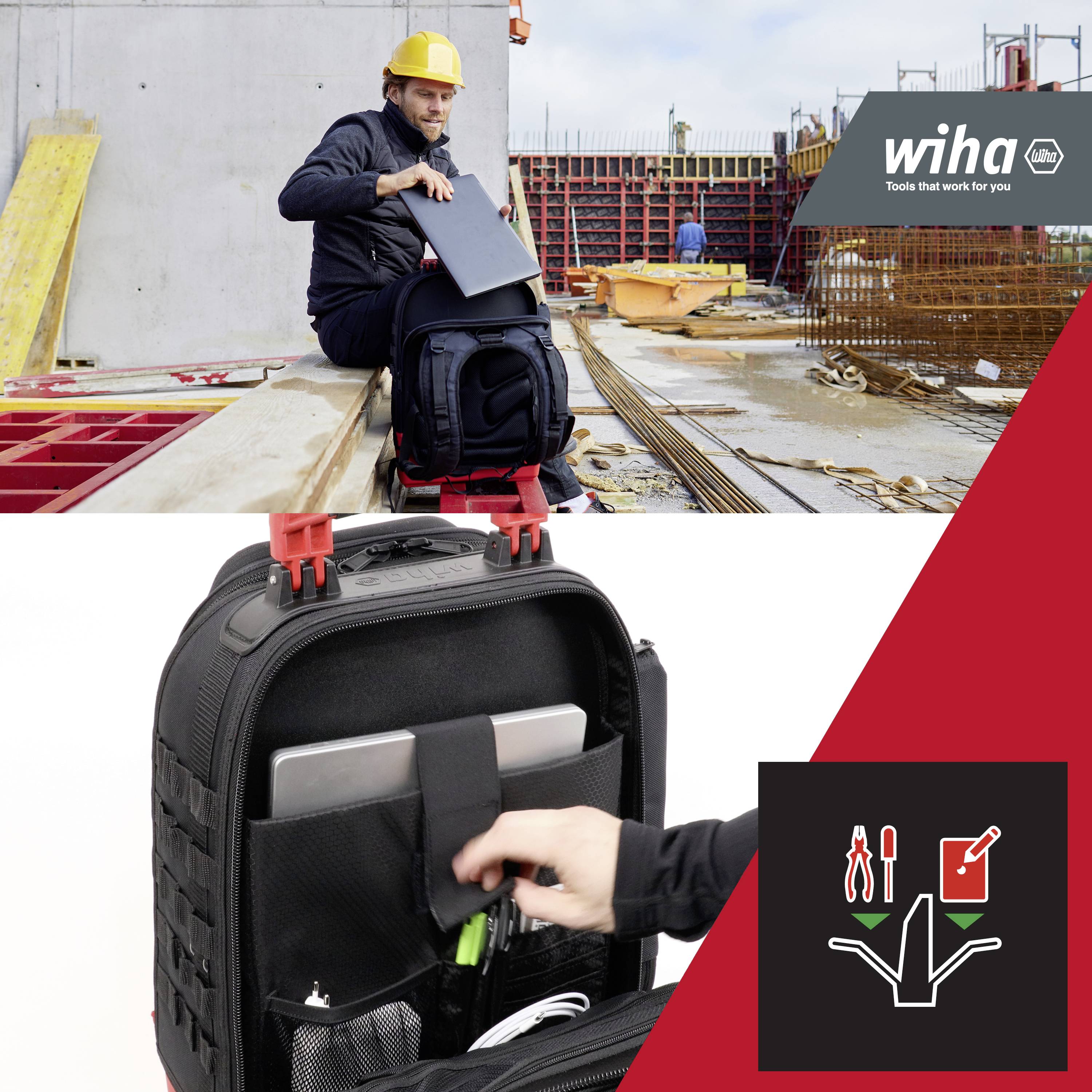 Un ouvrier est assis sur un chantier, ouvre une boîte à outils et en sort un ordinateur portable. Des échafaudages sont visibles en arrière-plan.