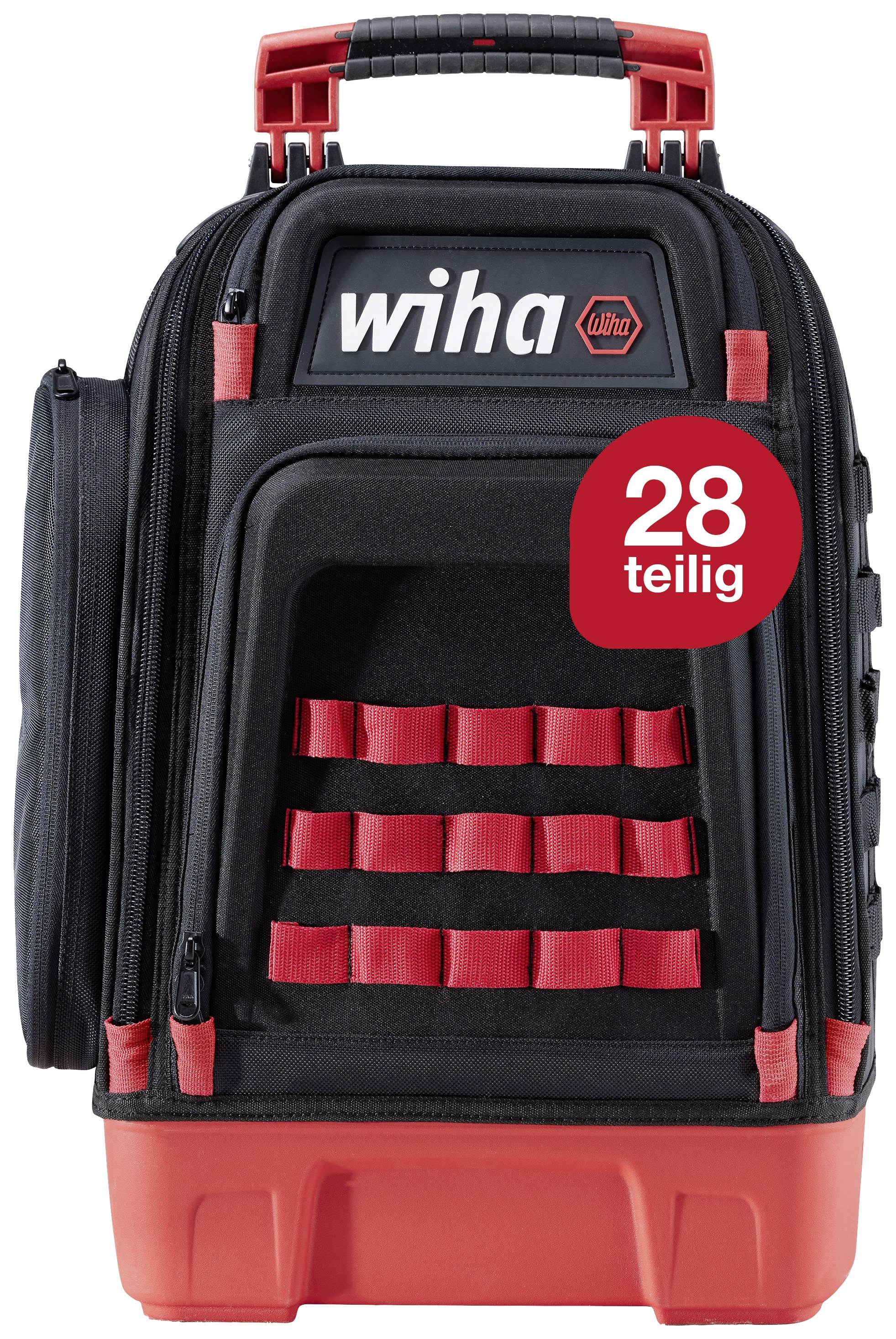 Sac à dos à outils noir avec des touches rouges de Wiha, 28 pièces. Poches extérieures compartimentées, poignée de transport en haut.