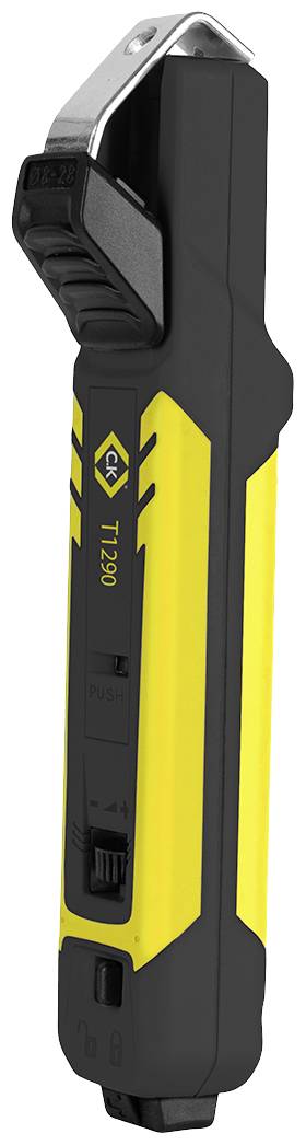 Appareil portable noir et jaune avec une pointe métallique et un interrupteur. Utilisé pour couper les rubans d'emballage et les boîtes en carton.