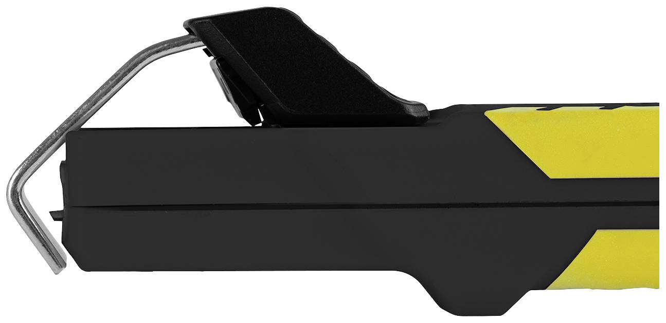 Un appareil électrique avec des détails jaunes et noirs ; vue latérale d'un taser avec des fils électrodes et un levier de sécurité.
