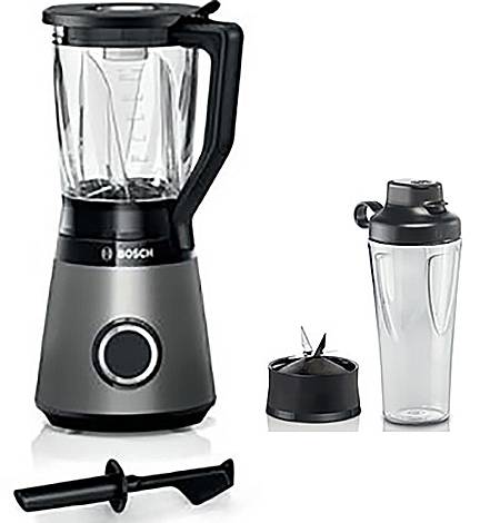 Mixeur avec récipients amovibles et accessoires, design noir, adapté pour mixer et hacher. Comprend un bol mixeur et une bouteille de boisson.