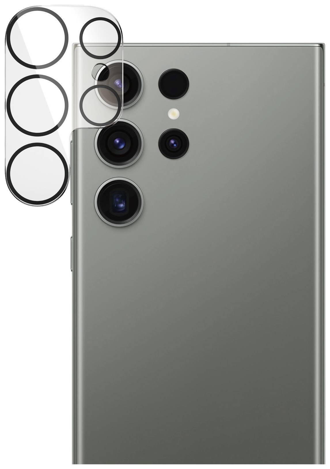 Un smartphone avec quatre objectifs de caméra et un flash à l'arrière, à côté d'un protecteur d'objectifs dans un encart.