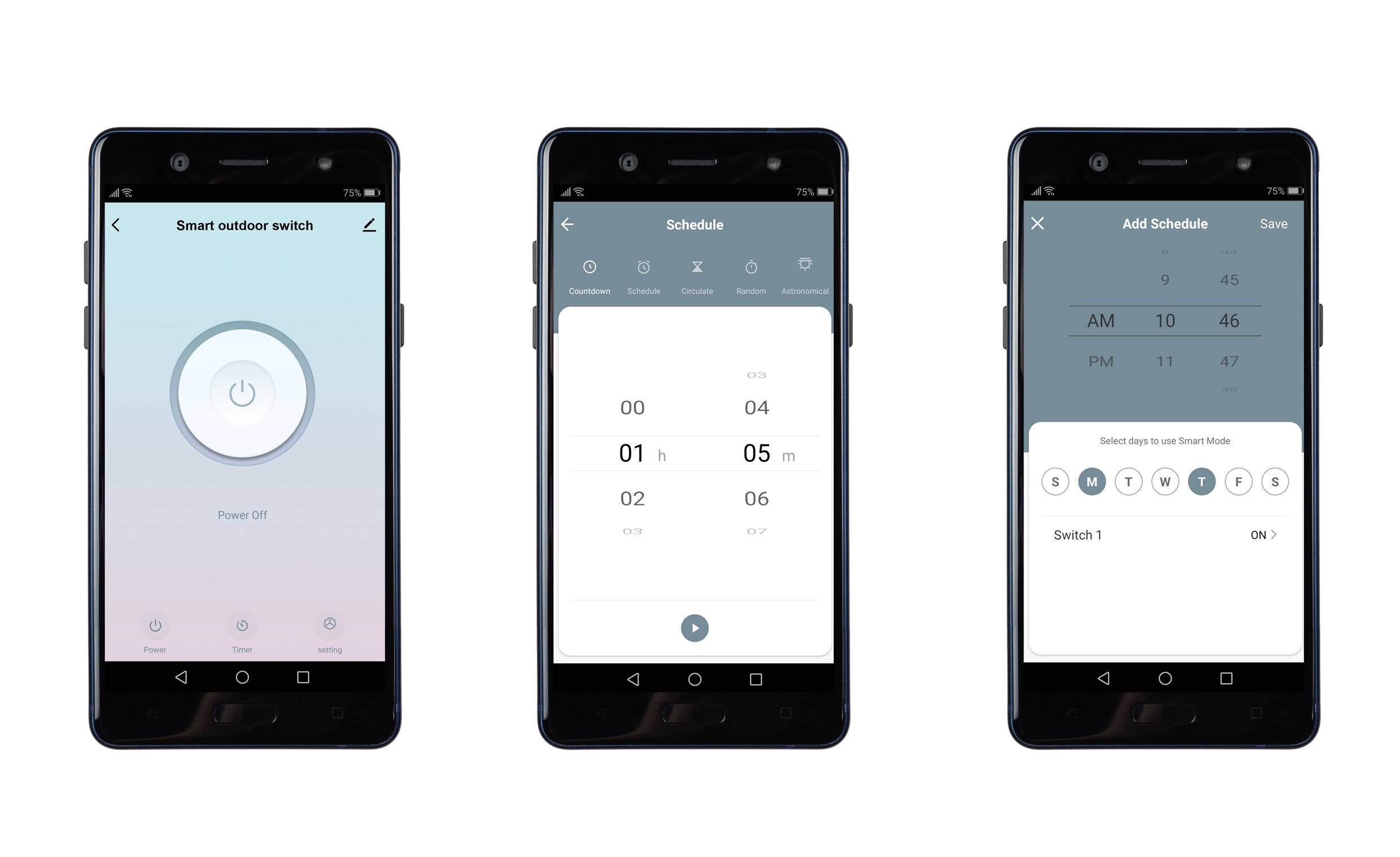 Trois écrans de smartphone affichent une application intelligente de commutation extérieure : page d'accueil avec bouton Marche/Arrêt, paramètres de programmation et ajout de programmation.