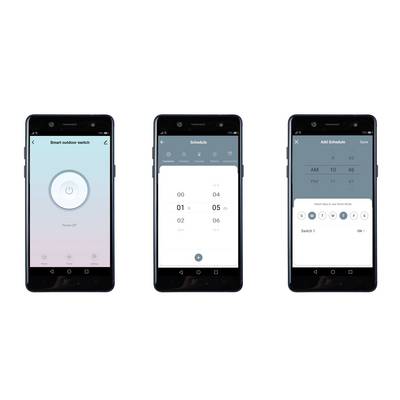 Trois écrans de smartphone affichent une application intelligente de commutation extérieure : page d'accueil avec bouton Marche/Arrêt, paramètres de programmation et ajout de programmation.