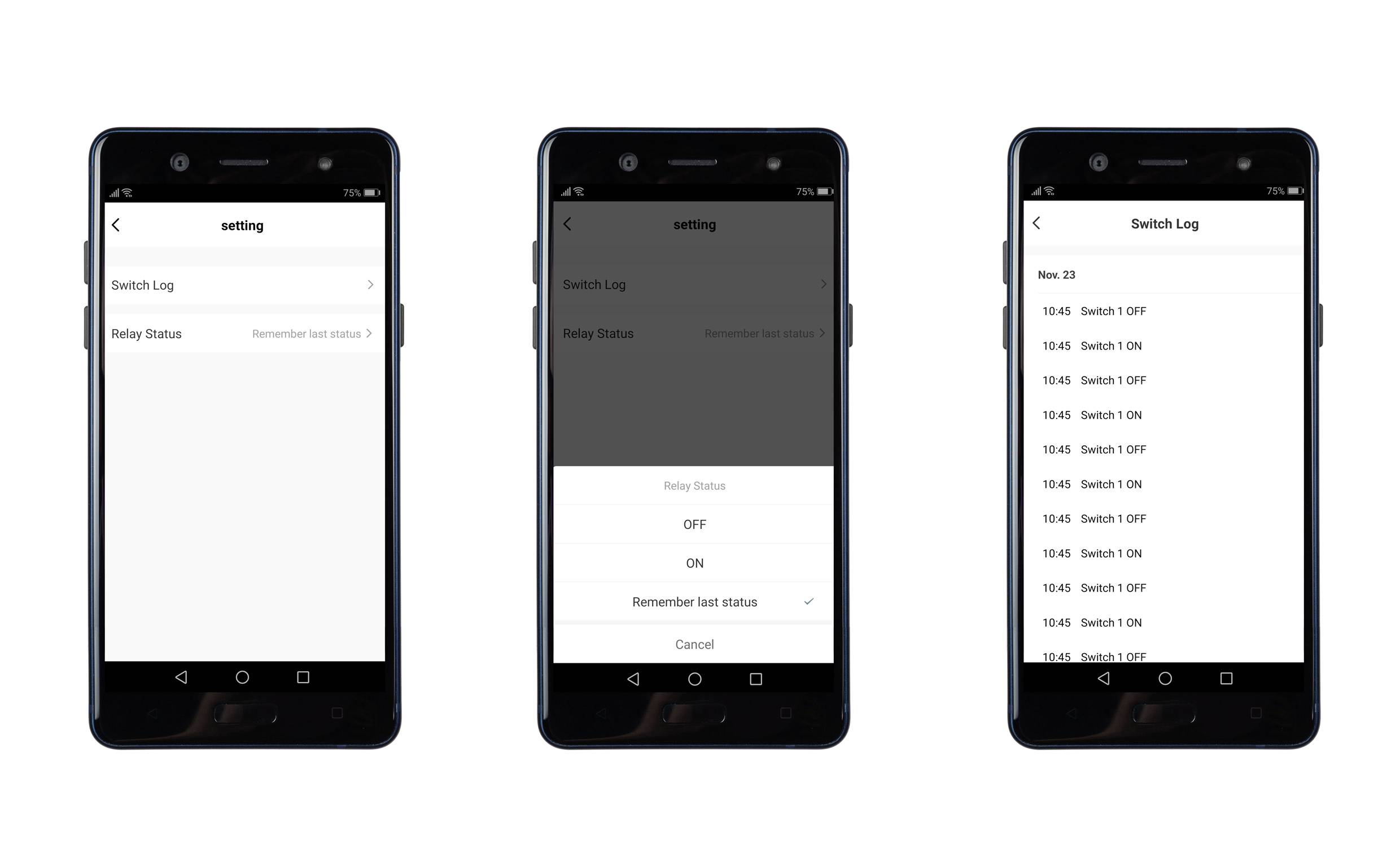 Trois écrans de smartphone affichent une interface d'application pour le contrôle des commutations. À gauche : Paramètres. Au centre : Statut du relais. À droite : Journal des commutations indiquant l'heure et le statut.
