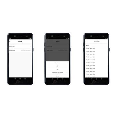 Trois écrans de smartphone affichent une interface d'application pour le contrôle des commutations. À gauche : Paramètres. Au centre : Statut du relais. À droite : Journal des commutations indiquant l'heure et le statut.