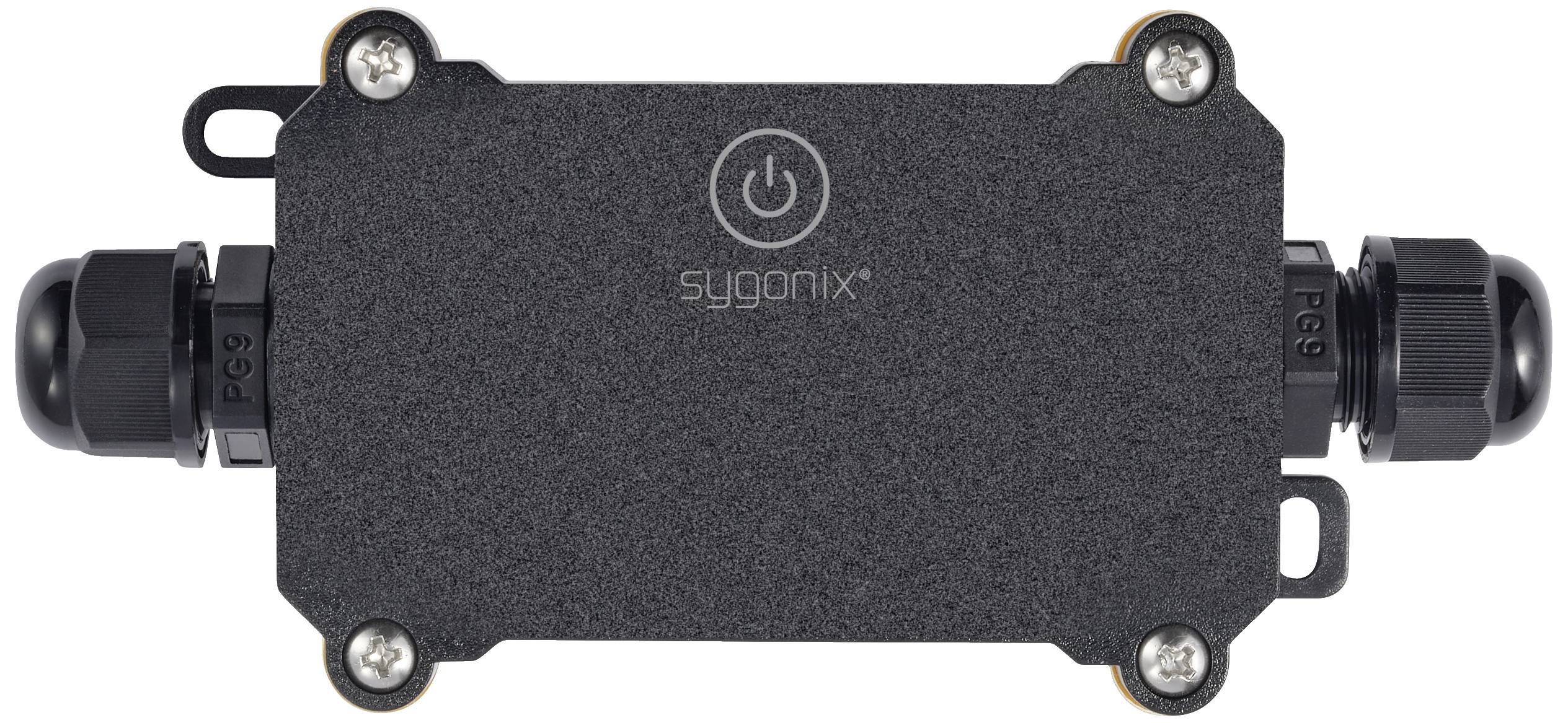Composant électrique noir et gris avec deux presse-étoupes et un bouton marche/arrêt au centre, portant l'inscription 'sygonix'.