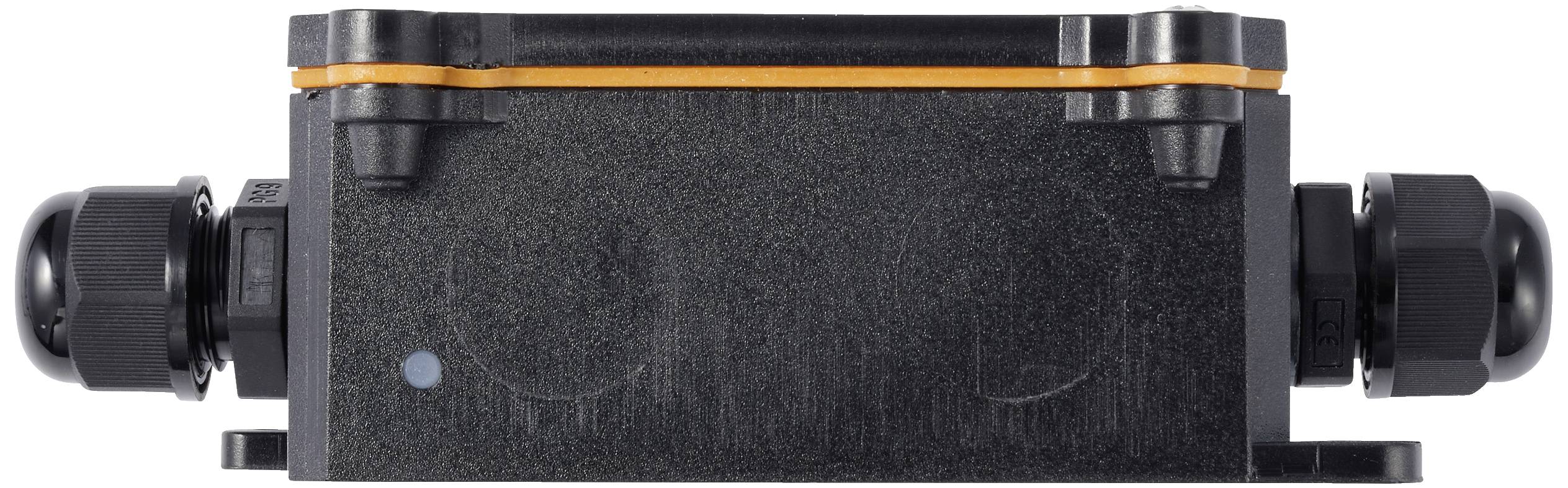 Un appareil électronique rectangulaire noir avec deux connecteurs ronds et une bande orange en haut.