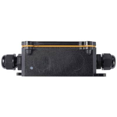 Un appareil électronique rectangulaire noir avec deux connecteurs ronds et une bande orange en haut.