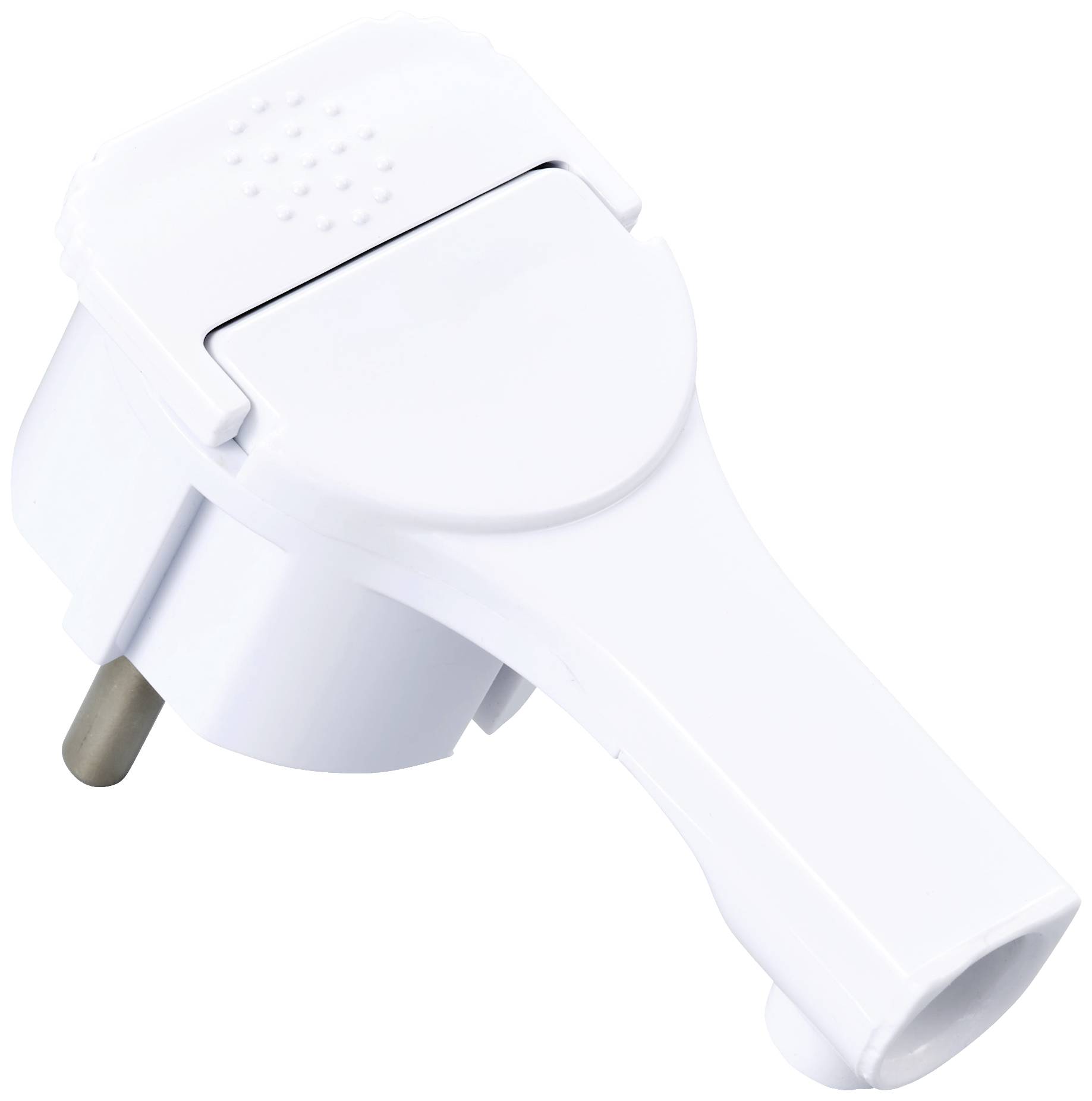 Une prise de protection avec contact de terre, blanche et pivotante, dotée d'une poignée intégrée, adaptée aux prises électriques difficiles d'accès.