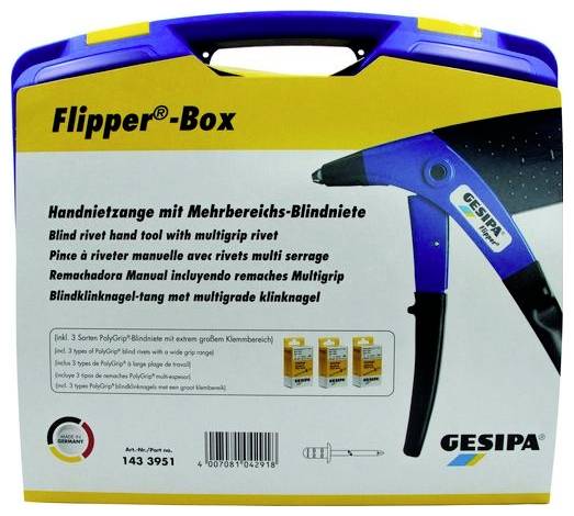 Kit 'Flipper-Box' avec un outil de pose de rivets à main, 3 tailles de rivets multigrip et un coffret de rangement. Marque 'GESIPA'.