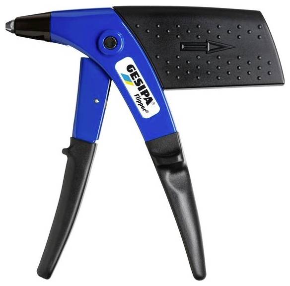 Un pistolet à rivets portable bleu et noir avec le nom de la marque imprimé, doté de poignées ergonomiques et d'une flèche indiquant le sens de fonctionnement.