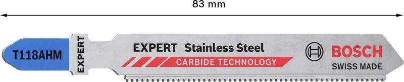 Lame de scie sauteuse en acier inoxydable, modèle T118AHM, longueur 83 mm. Caractéristiques spéciales : Expert, Bosch, Swiss Made, Technologie Carbure.