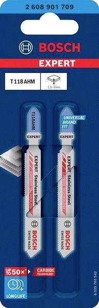 Lames de scie sauteuse 'Bosch Expert', T 118 AHM, lot de 2 en blister. Adaptées à l'acier et de forme universelle.
