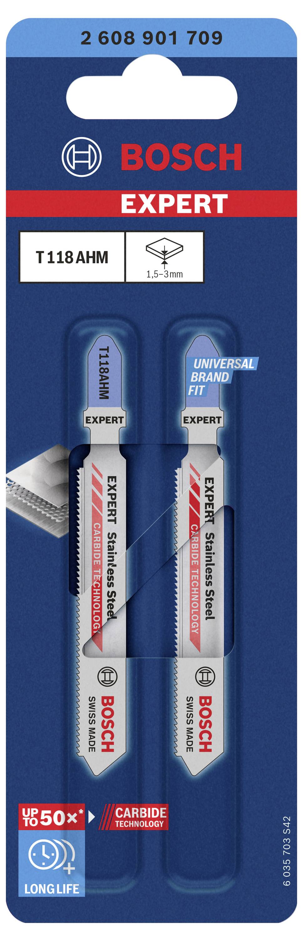Deux lames de scie sabre Bosch Expert pour métal dans un emballage bleu avec du texte rouge et blanc ; T 118 AHM, Technologie Carbure.