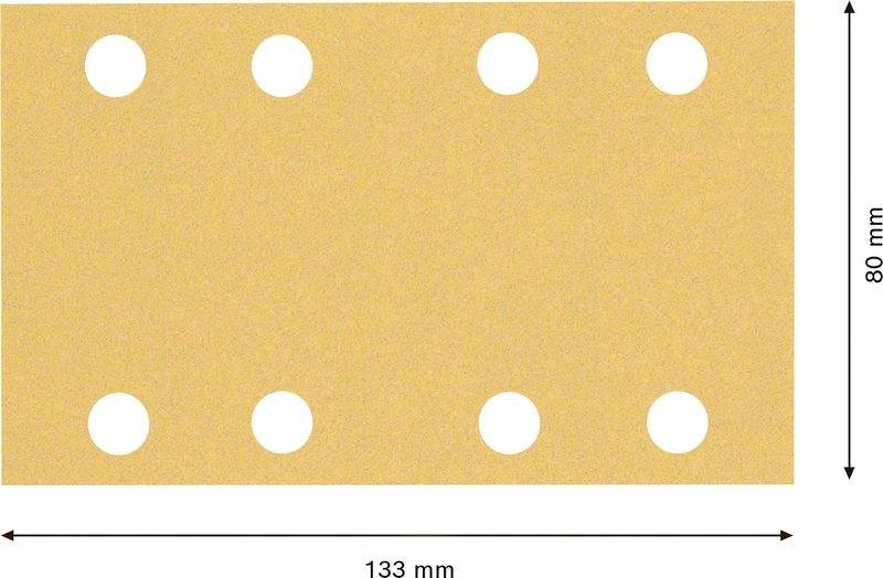 Feuille rectangulaire de papier abrasif avec huit trous répartis uniformément. Dimensions : 133 mm de large et 80 mm de hauteur.