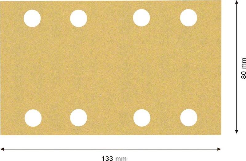Rectangle brun avec huit trous ronds répartis uniformément. Dimensions : 133 mm de largeur, 80 mm de hauteur.