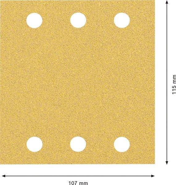 Feuille de papier abrasif à six trous, grain jaune. Dimensions : 115 mm x 107 mm.