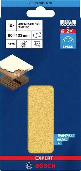 Emballage pour feuilles abrasives Bosch. Contient 10 pièces, différents grains (P60, P120, P180). Dimensions 80x133 mm. Compatible avec les appareils universels.