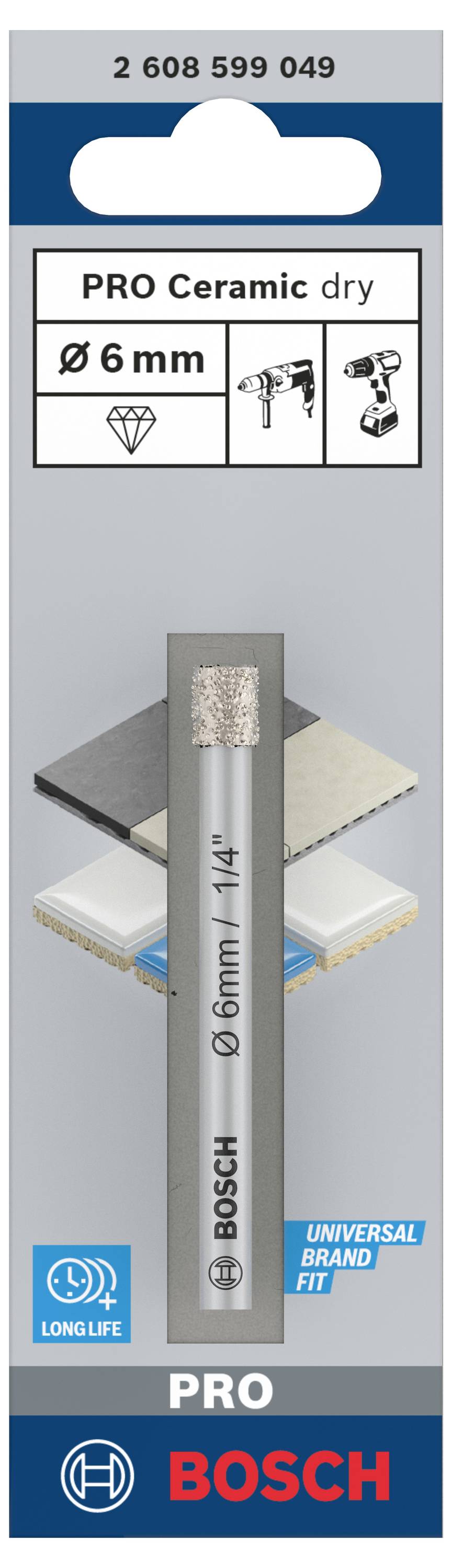 Emballage d'embout de perçage avec l'inscription 'PRO Ceramic dry', diamètre 6 mm. Contient une image du foret et des logos pour la longévité et l'ajustement universel.
