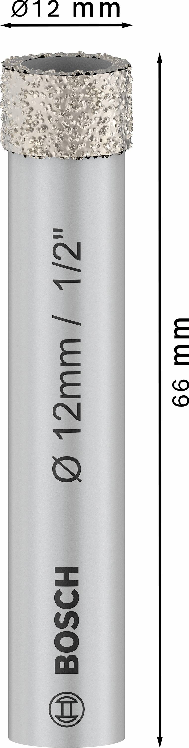 Couronne de forage diamantée Bosch, longueur 66 mm, diamètre 12 mm, avec granulation pour un perçage précis dans les matériaux durs.