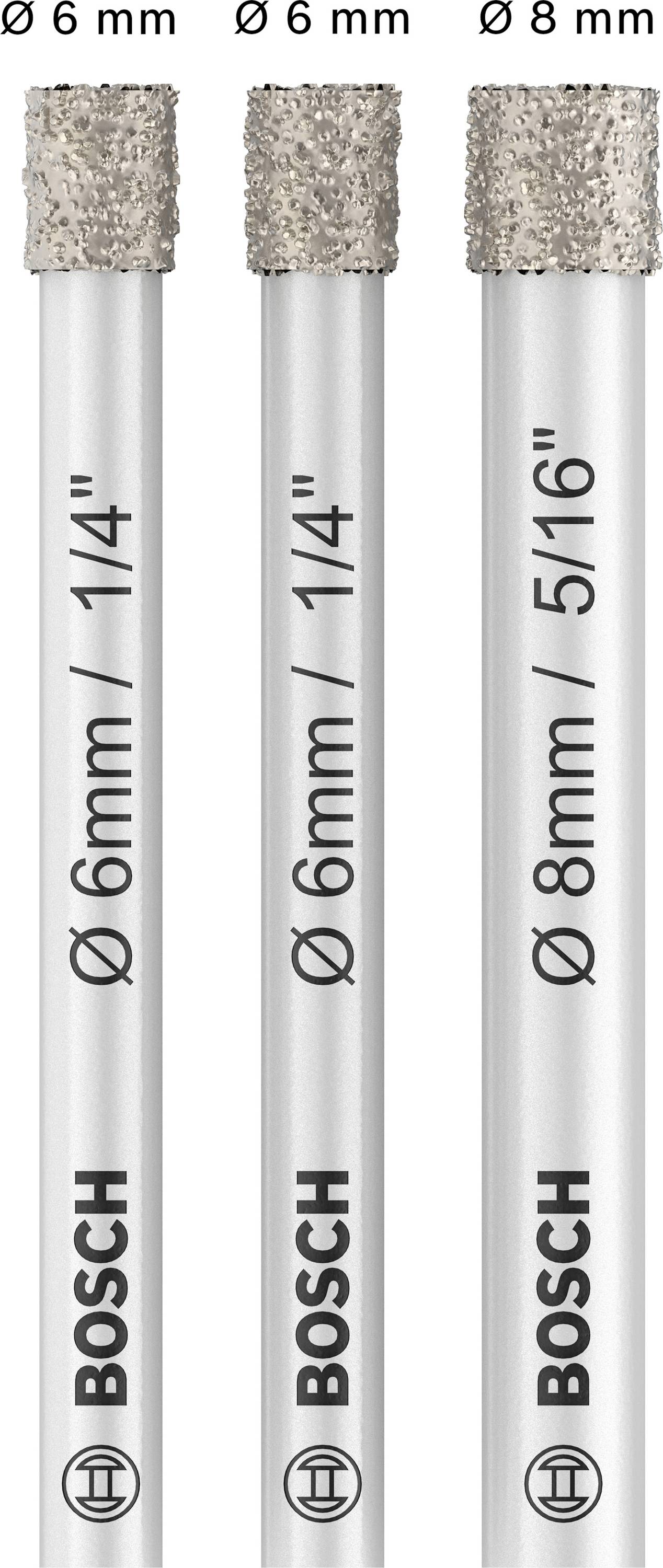 Trois forets à carrelage Bosch avec diamètres de 6 mm et 8 mm, chacun avec pointe revêtue de diamant pour un perçage précis.