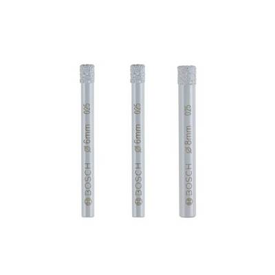 Trois forets pour carrelage Bosch avec revêtement diamanté, mesurant respectivement 6 mm, 6 mm et 8 mm, disposés côte à côte sur un fond blanc.