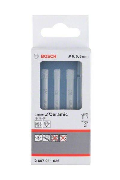 'Trois forets céramiques Bosch (diamètre 6, 6, 8 mm) dans un emballage gris avec le logo rouge Bosch, adaptés pour un perçage précis.'