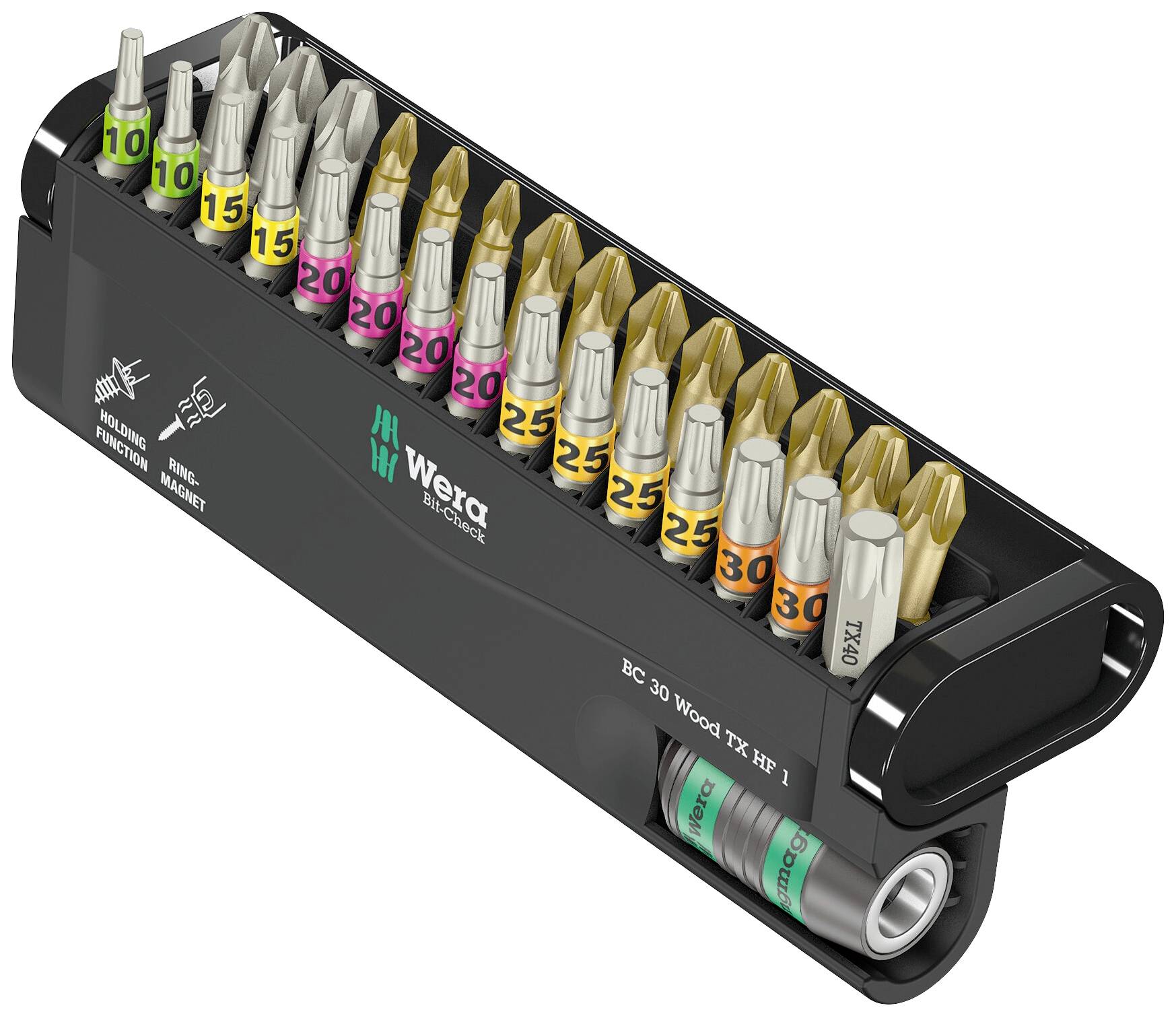 Un ensemble de embouts avec différents embouts codés par couleur dans un support noir. Comprend des embouts Torx et des embouts Phillips pour les travaux de vissage.