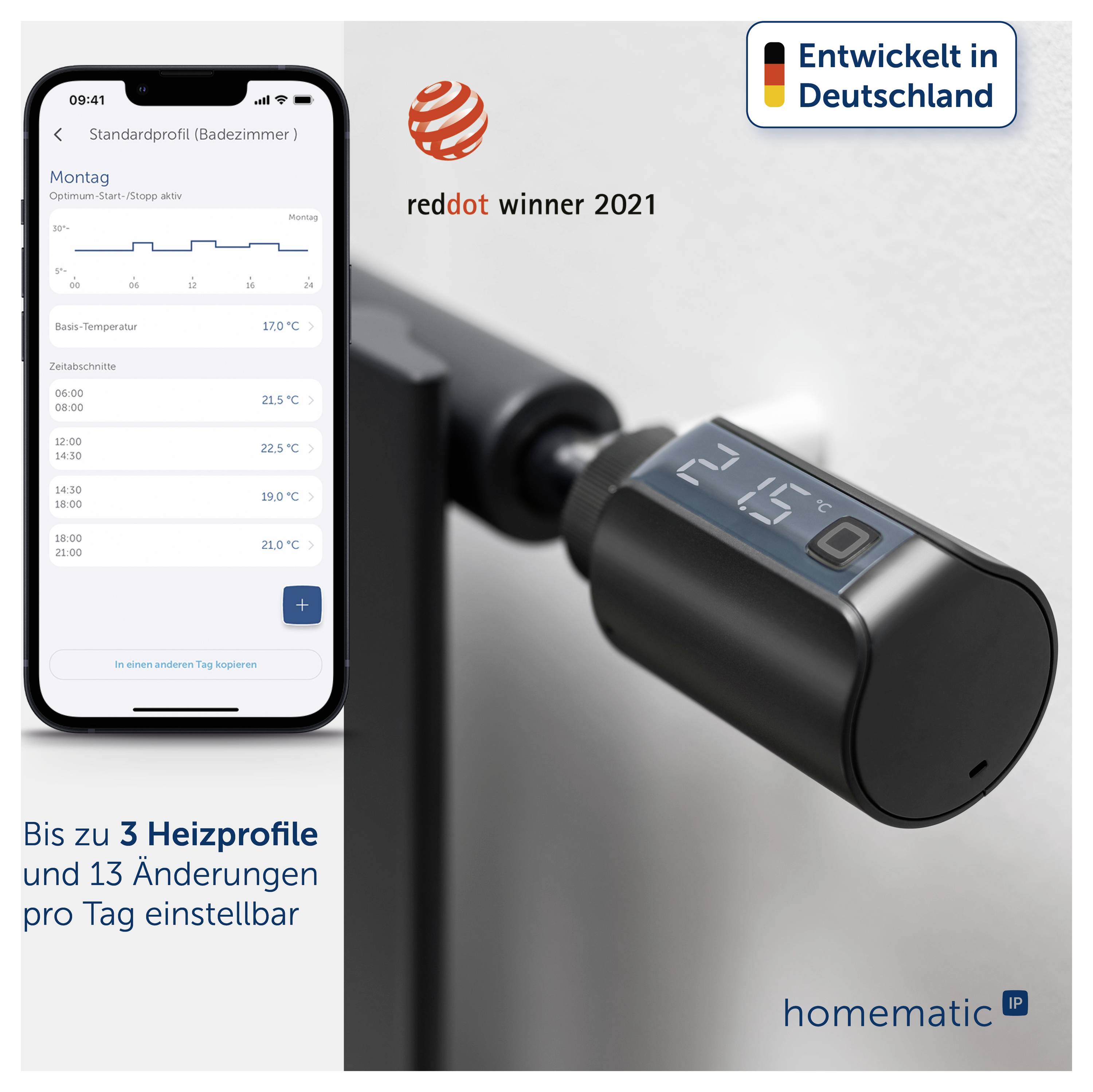 Image publicitaire : Une application smartphone contrôle un appareil de chauffage ; affiche « red dot winner 2021 », « Développé en Allemagne » et le texte « Jusqu'à 3 profils de chauffage et 13 modifications par jour configurables ».
